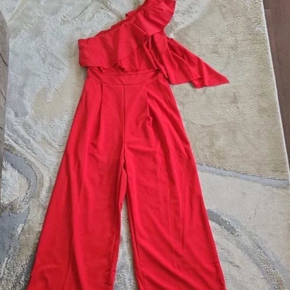One Shoulder Red Jumpsuit